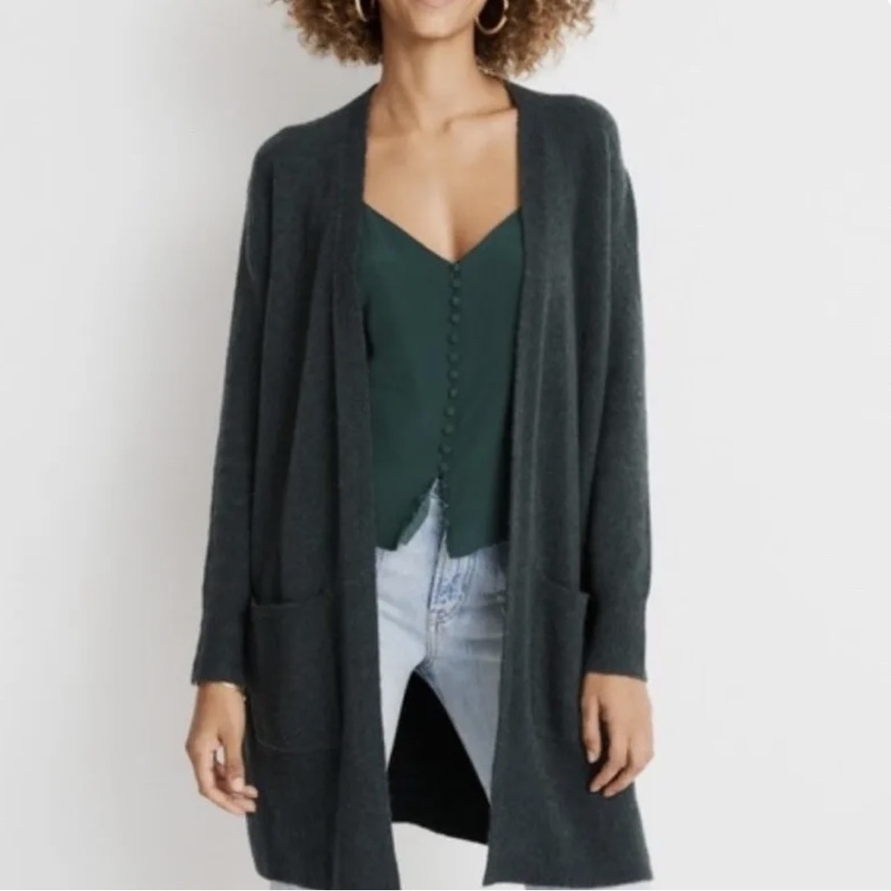 Madewell Kent Cardigan Sweater in Forest Green Size XS Open Front Pockets